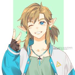 Rule 34 | 1boy, blonde hair, blue eyes, blush, earrings, fingerless gloves, gloves, green background, green shirt, grin, hair between eyes, highres, jacket, jewelry, letterman jacket, link, male focus, necklace, nintendo, nito minatsuki, one eye closed, pillarboxed, pointy ears, ponytail, shirt, sidelocks, smile, solo, teeth, the legend of zelda, the legend of zelda: breath of the wild, triforce, upper body, v