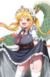 Rule 34 | 1girl, ;d, absurdres, black dress, blonde hair, blush, breasts, clothes lift, dragon girl, dragon horns, dragon tail, dress, dress lift, fang, frilled dress, frills, gloves, gradient hair, highres, horns, hungry0126, kobayashi-san chi no maidragon, large breasts, large tail, long hair, looking at viewer, maid, maid headdress, multicolored hair, necktie, one eye closed, open mouth, orange eyes, panties, puffy short sleeves, puffy sleeves, red necktie, red sash, sash, scales, shirt, short sleeves, simple background, slit pupils, smile, solo, striped clothes, striped panties, tail, thighhighs, tohru (maidragon), twintails, underwear, white background, white gloves, white shirt, white thighhighs, wing collar