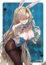 Rule 34 | 1girl, absurdres, ace (playing card), ace of spades, animal ears, asuna (blue archive), asuna (bunny) (blue archive), blue archive, blue bow, blue bowtie, blue eyes, blue leotard, blue ribbon, bow, bowtie, breasts, brown pantyhose, chinese commentary, cleavage, commentary request, cowboy shot, cup, dated commentary, detached collar, fake animal ears, gloves, hair over one eye, hair ribbon, hairband, hands up, highres, holding, holding cup, large breasts, leotard, light brown hair, long hair, looking at viewer, open mouth, pantyhose, playboy bunny, playing card, rabbit ears, ribbon, smile, solo, spade (shape), standing, strapless, strapless leotard, strash, teeth, traditional bowtie, upper teeth only, very long hair, white gloves, white hairband
