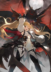 Rule 34 | 1girl, absurdres, arm up, armpits, bat (animal), bat wings, blonde hair, boots, breasts, capelet, commentary, cowboy shot, creature, crown, detached sleeves, feet out of frame, from below, hair between eyes, highres, holding, holding key, key, lard (kumazakiyuta), long hair, looking at viewer, low wings, moon, open mouth, original, pointy ears, small breasts, standing, twintails, vampire, wings