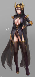 Rule 34 | 1girl, :|, absurdres, armor, black cape, black dress, boots, bracer, breasts, brown footwear, brown hair, brown leotard, cape, closed mouth, crown, dress, dungeon and fighter, elbow pads, female slayer (dungeon and fighter), full body, gluteal fold, green eyes, grey background, hair between eyes, hand on own hip, highres, large breasts, leotard, long sleeves, looking at viewer, monaim, ponytail, signature, solo, standing, thigh boots, thighhighs