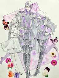 Rule 34 | 1girl, 2boys, black footwear, boots, bug, butterfly, cross-laced footwear, dress, family, fate/grand order, fate (series), father and daughter, father and son, flower, galahad (fate), hair over one eye, high heels, highres, insect, lace-up boots, lancelot (fate/grand order), lancelot (formal dress) (fate), mash kyrielight, mash kyrielight (formal dress), multiple boys, official alternate costume, purple hair, short hair, thigh boots, thighhighs, white dress