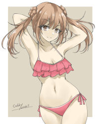Rule 34 | 1girl, arms behind head, artist name, bikini, breasts, brown eyes, cleavage, collarbone, cowboy shot, dated, double bun, frilled bikini, frills, from side, gakky, hair bun, kantai collection, light brown hair, long hair, michishio (kancolle), navel, one-hour drawing challenge, red bikini, side-tie bikini bottom, small breasts, smile, solo, swimsuit