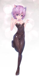 Rule 34 | &gt;:o, 1girl, :o, absurdres, alternate costume, animal ears, bare arms, bare shoulders, black leotard, black pantyhose, blush, bow, bowtie, breasts, cat ears, claw pose, cleavage, covered navel, detached collar, eyes visible through hair, fate/grand order, fate (series), full body, gradient background, hair over one eye, highres, kittysuit, knees together feet apart, leg up, leotard, mash kyrielight, medium breasts, nontraditional playboy bunny, open mouth, pantyhose, pink bow, pink bowtie, purple eyes, shiny clothes, shiny skin, solo, standing, standing on one leg, strapless, strapless leotard, twiska (doubitian), v-shaped eyebrows
