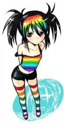 Rule 34 | artist request, black eyes, black hair, camisole, character request, collarbone, copyright request, lowres, multicolored hair, multicolored legwear, multicolored shirt, navel, rainbow, short shorts, small breasts, source request, striped legwear, tagme, thighhighs, twintails, zettai ryouiki