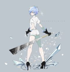 Rule 34 | 1other, androgynous, antarcticite, black gloves, character name, gem uniform (houseki no kuni), gloves, grey background, houseki no kuni, short hair, short sleeves, shorts, solo, weapon, white hair