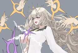 Rule 34 | :d, blonde hair, blue eyes, blush, breasts, crown (naked king) (nikke), crown (nikke), diadem, disembodied hand, drill hair, goddess of victory: nikke, hair ornament, headgear, large breasts, long hair, okota (pixiv), open clothes, open mouth, open shirt, shirt, smile, unfinished, upper body, white shirt