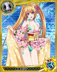 Rule 34 | 1girl, bikini, blush, breasts, card (medium), character name, chess piece, closed mouth, high school dxd, japanese clothes, kimono, large breasts, long hair, looking at viewer, official art, orange hair, purple eyes, rook (chess), shidou irina, solo, swimsuit, trading card, twintails, very long hair