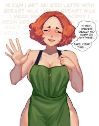 Rule 34 | 1girl, absurdres, apron, barley juice, blush, breasts, cleavage, closed eyes, english text, highres, iced latte with breast milk (meme), large breasts, meme, naked apron, nude, okumura haru, orange hair, persona, persona 5, short hair, sideboob, smile, solo, starbucks, thighs