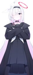 Rule 34 | 1girl, absurdres, black choker, black coat, black hairband, black pantyhose, black sailor collar, black serafuku, black skirt, blue archive, braid, choker, closed mouth, coat, colored inner hair, commentary, crossed arms, feet out of frame, grey eyes, hair over one eye, hairband, halo, highres, long hair, long sleeves, multicolored hair, neckerchief, open clothes, open coat, pantyhose, pink eyes, plana (blue archive), pleated skirt, red halo, sailor collar, school uniform, serafuku, simple background, single braid, skirt, solo, t-hou, white background, white hair, white neckerchief