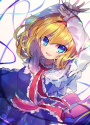Rule 34 | 1girl, :d, absurdres, alice margatroid, arms up, blonde hair, blue dress, blue eyes, capelet, commentary, dress, frilled neckwear, hairband, hands on own head, highres, jewelry, lens flare, light blush, long sleeves, open mouth, rainbow gradient, red hairband, red neckwear, red sash, ribbon-trimmed capelet, ring, sash, short hair, smile, solo, string, touhou, tsukikusa, white capelet