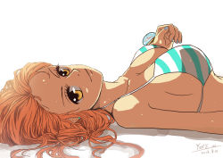Rule 34 | 1girl, 2013, absurdres, artist name, bikini, blue nails, breasts, chameria, closed mouth, dated, earrings, from side, highres, jewelry, long hair, looking at viewer, lying, medium breasts, nail polish, nami (one piece), on back, one piece, orange hair, sideboob, simple background, sketch, solo, straight hair, striped bikini, striped clothes, swimsuit, upper body, white background, yellow eyes