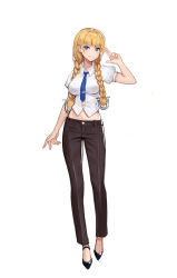 Rule 34 | 1girl, black pants, blonde hair, blue eyes, blue necktie, blunt bangs, borrowed character, braid, collared shirt, commission, copyright request, full body, hair ornament, high heels, highres, jonbur man, looking at viewer, low twintails, midriff peek, necktie, original, pants, parted lips, pixiv commission, puffy sleeves, salute, shirt, shorts, simple background, smile, solo, standing, twintails, white background, white shirt, witch