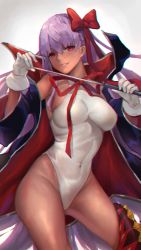 Rule 34 | 1girl, absurdres, bb (fate), bb (fate) (all), bb (swimsuit mooncancer) (fate), bb (swimsuit mooncancer) (third ascension) (fate), bow, cape, chromatic aberration, commentary, contrapposto, covered navel, fate/grand order, fate (series), gloves, gluteal fold, hair bow, highres, leotard, long hair, pantie painting, purple hair, red bow, red eyes, see-through, smirk, solo, wide sleeves