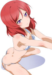 Rule 34 | 1girl, absurdres, arms up, ass, bikini, blush, breasts, butt crack, commentary, highres, looking at viewer, love live!, love live! school idol project, nishikino maki, purple eyes, red hair, shiny skin, short hair, shou937, side-tie bikini bottom, simple background, sitting, small breasts, solo, swimsuit, white background, white bikini