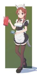 Rule 34 | 1girl, alternate costume, animal ears, blush, breasts, brown thighhighs, closed mouth, cup, dog ears, dog tail, enmaided, highres, keicha (kmoekaki), long hair, looking at viewer, maid, maid headdress, medium breasts, minna-dietlinde wilcke, red eyes, red hair, smile, solo, strike witches, tail, teacup, teapot, thighhighs, world witches series