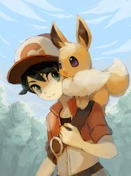Rule 34 | 1boy, baseball cap, black hair, blue sky, chase (pokemon), closed mouth, creatures (company), day, eevee, game freak, gen 1 pokemon, hat, jacket, looking at another, male focus, morufa, nintendo, on shoulder, pokemon, pokemon (creature), pokemon lgpe, pokemon on shoulder, short sleeves, sky, smile, tree