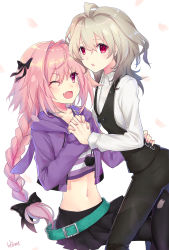 Rule 34 | 2boys, ;d, ahoge, animal hood, artist name, astolfo (fate), astolfo (memories at trifas) (fate), belt, black legwear, black pants, black ribbon, black skirt, blouse, braid, commentary request, fang, fate/apocrypha, fate/grand order, fate (series), green belt, hair between eyes, hair intakes, hair ribbon, hand on another&#039;s back, highres, holding hands, hood, hood down, interlocked fingers, long hair, long sleeves, looking at viewer, male focus, miniskirt, multiple boys, narrow waist, navel, official alternate costume, one eye closed, open mouth, pants, petals, pink hair, pleated skirt, pom pom (clothes), purple eyes, purple shirt, rabbit hood, red eyes, ribbon, shirt, short hair, sieg (fate), simple background, single braid, skirt, smile, tokikouhime, trap, v-neck, very long hair, vest, white background, white shirt