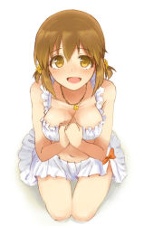 Rule 34 | 1girl, :d, bikini, breasts, brown eyes, brown hair, cleavage, flower, from above, hagiwara yukiho, hair flower, hair ornament, hands on own chest, idolmaster, idolmaster (classic), jewelry, kneeling, looking at viewer, looking up, medium breasts, necklace, open mouth, short hair, smile, solo, star (symbol), star necklace, swimsuit, thigh gap, thighs, twintails, white background, yamakan (anking)