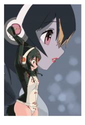 Rule 34 | 10s, 1girl, arms up, black hair, black jacket, blood, blood in hair, blood on clothes, blood on face, bloody knife, clenched teeth, cowboy shot, derivative work, from side, frown, gentoo penguin (kemono friends), grey background, hair between eyes, headphones, highres, holding, holding knife, jacket, kemono friends, knife, long sleeves, multicolored clothes, multicolored hair, multicolored jacket, multiple views, omnisucker, orange hair, parody, penguin tail, perfect blue, red eyes, red lips, standing, tail, teeth, violence, white jacket