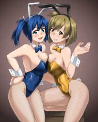 Rule 34 | 2girls, absurdres, akito (sub707), animal ears, asymmetrical docking, blue eyes, blue hair, blue leotard, blue neckwear, bow, bowtie, breast press, breasts, brown background, brown eyes, brown hair, cleavage, detached collar, fake animal ears, fishnet legwear, fishnets, gold bowtie, gold leotard, gradient background, highres, hiryuu (kancolle), kantai collection, large breasts, leotard, looking at viewer, multiple girls, one side up, pantyhose, playboy bunny, rabbit ears, rabbit tail, short hair, smile, souryuu (kancolle), strapless, strapless leotard, tail, twintails, wrist cuffs