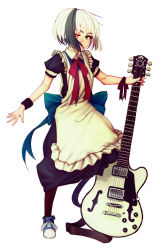Rule 34 | 1girl, absurdres, amputee, apron, bandages, bare shoulders, bikko, dress, green eyes, guitar, highres, hirasaki yuuya, instrument, maid, maid apron, multicolored hair, one-eyed, original, scar, short hair, simple background, solo, standing, two-tone hair, white background