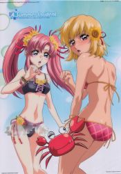 Rule 34 | 00s, 2girls, :o, absurdres, ass, back, bikini, blonde hair, blue eyes, blush, bracelet, cagalli yula athha, crab, embarrassed, flat chest, flower, gundam, gundam seed, gundam seed destiny, hair flower, hair ornament, highres, hoshino masumi, jewelry, lacus clyne, long hair, looking back, multiple girls, navel, necklace, official art, one eye closed, open mouth, orange eyes, pink hair, sarong, scan, see-through, see-through sarong, short hair, side-tie bikini bottom, sunflower, surprised, swimsuit, tieback, twintails, wink