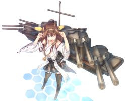 Rule 34 | 10s, 1girl, ahoge, boots, brown hair, cannon, detached sleeves, grey eyes, hairband, headgear, japanese clothes, kantai collection, kongou (kancolle), long hair, mecha musume, military vehicle, nontraditional miko, one eye closed, open mouth, personification, sabamu, ship, solo, thigh boots, thighhighs, turret, warship, watercraft, wink