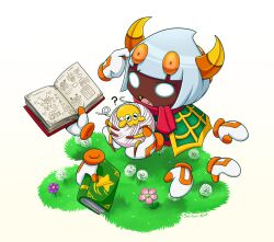 Rule 34 | ?, book, bug, cape, como (kirby), creatures (company), crossover, dandelion, fangs, flower, game freak, heart, highres, holding, holding book, horns, kirby (series), nintendo, no humans, open mouth, pokemon, pokemon (creature), rayman limbs, red scarf, scarf, scratching head, sol-lar-bink, spider, star (symbol), taranza, tarountula, trait connection, white hair