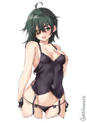 Rule 34 | 1girl, ahoge, artist name, black panties, blush, breasts, bustier, cleavage, commentary request, covered navel, cowboy shot, cropped legs, ebifurya, eyepatch, garter straps, green eyes, green hair, hair between eyes, hand on own chest, highres, kantai collection, kiso (kancolle), lingerie, open mouth, panties, short hair, side-tie panties, simple background, small breasts, solo, string panties, thighhighs, underwear, underwear only, white background
