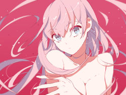 Rule 34 | 1girl, blue eyes, breasts, cleavage, doushimasho, holding own arm, long hair, nude, original, pink hair, red background, solo