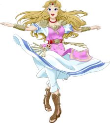 Rule 34 | 1girl, belt, blonde hair, blue eyes, boots, breasts, dancing, dress, elf, happy, jewelry, long hair, looking at viewer, necklace, nintendo, open mouth, outstretched arms, pink vest, pointy ears, princess zelda, smile, solo, spinning, spread arms, standing, super smash bros., the legend of zelda, the legend of zelda: a link between worlds, tiara, toeless footwear, triforce, vest