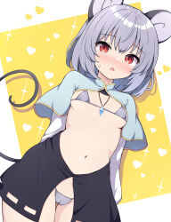Rule 34 | 1girl, adapted costume, animal ears, bikini, black skirt, blue capelet, blush, breasts, cameltoe, capelet, cleft of venus, cowboy shot, grey bikini, grey hair, heart, highres, jewelry, looking at viewer, mouse ears, mouse tail, navel, nazrin, open mouth, pendant, red eyes, rizento, short hair, skirt, small breasts, solo, swimsuit, tail, touhou