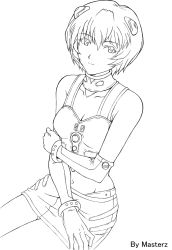 Rule 34 | 1girl, ayanami rei, bangle, bare shoulders, bracelet, breasts, choker, cleavage, crop top, elbow gloves, gloves, greyscale, highres, holding own arm, jewelry, lineart, masterz, midriff, miniskirt, monochrome, neon genesis evangelion, race queen, short hair, sitting, skirt, small breasts, solo