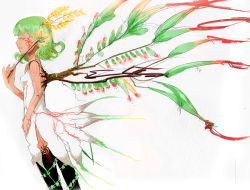 Rule 34 | 1girl, female focus, green hair, leaf, m-hit, original, personification, plant girl, short hair, solo, veins, wand, white background, wings