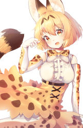 Rule 34 | 1girl, :d, absurdres, animal ears, animal ears (norankkori), bare shoulders, belt, blonde hair, blush, bow, bowtie, center frills, elbow gloves, fang, frills, gloves, high-waist skirt, highres, kemono friends, looking at viewer, multicolored hair, open mouth, paw pose, print bow, print bowtie, print gloves, print neckwear, print skirt, print thighhighs, serval (kemono friends), serval print, serval tail, short hair, skirt, sleeveless, smile, solo, tail, thighhighs, traditional bowtie, yellow eyes