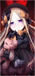 Rule 34 | 1girl, abigail williams (fate), bad id, bad pixiv id, black bow, black dress, black hat, blonde hair, blush, bow, closed mouth, dress, fate/grand order, fate (series), forehead, hair bow, hat, head tilt, highres, hugging object, long hair, long sleeves, looking at viewer, orange bow, parted bangs, polka dot, polka dot bow, purple eyes, red sun, sleeves past wrists, solo, stuffed animal, stuffed toy, teddy bear, very long hair