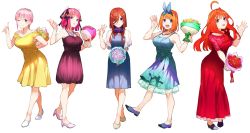 Rule 34 | :d, ahoge, bare shoulders, black ribbon, blue dress, blue eyes, blue footwear, blue hairband, breasts, brown hair, closed mouth, collarbone, commentary request, dress, flower, full body, go-toubun no hanayome, hair between eyes, hair ornament, hair ribbon, hairband, haruba negi, headphones, high heels, highres, holding, holding flower, jewelry, large breasts, long bangs, long dress, looking at viewer, nakano ichika, nakano itsuki, nakano miku, nakano nino, nakano yotsuba, necklace, official art, one eye closed, open mouth, orange hair, parted lips, pink flower, pink hair, purple dress, red dress, red flower, red hair, ribbon, shoes, short hair, short sleeves, siblings, sidelocks, simple background, sisters, sleeveless, sleeveless dress, smile, standing, star (symbol), star hair ornament, w, white background, white footwear, yellow dress, yellow flower