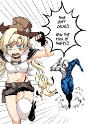 Rule 34 | 1boy, 1girl, absurdres, blonde hair, blue eyes, colt revolver (girls&#039; frontline), cowboy hat, cowboy western, crossover, crying, crying with eyes open, english text, faceless, fleeing, girls&#039; frontline, haho, hat, highres, navel, pepsi, pepsiman, profanity, running, speech bubble, superhero costume, tears, thighhighs