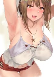 Rule 34 | 1girl, :d, armpits, arms up, atelier (series), atelier ryza, atelier ryza 1, blurry, blush, breasts, breath, bright pupils, brown hair, camisole, cleavage, cowboy shot, depth of field, hair ornament, hairclip, hat, highres, jewelry, kurowa, large breasts, navel, necklace, open mouth, pendant, reisalin stout, short shorts, shorts, sidelocks, simple background, smile, solo, steam, sweat, thigh gap, white background, yellow eyes