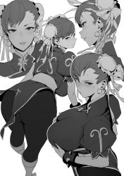 Rule 34 | 1girl, ass, bent over, blush, boots, bracelet, breast hold, breasts, bun cover, capcom, china dress, chinese clothes, chun-li, closed mouth, commentary, double bun, dress, earrings, facing viewer, from behind, from side, greyscale, hair bun, highres, huge ass, jewelry, large breasts, messatsu tan, monochrome, open mouth, pantyhose, pelvic curtain, profile, puffy short sleeves, puffy sleeves, sash, short sleeves, side slit, spiked bracelet, spikes, street fighter, sweatdrop, thick thighs, thighs, white footwear