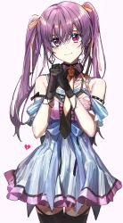 Rule 34 | 1girl, bare shoulders, black collar, black gloves, black necktie, black thighhighs, blue bow, blush, bow, breasts, broken heart, closed mouth, collar, dress, dress bow, gloves, hair between eyes, hair ribbon, hands up, heart, highres, lace, lace-trimmed dress, lace trim, looking at viewer, medium breasts, necktie, off-shoulder dress, off shoulder, orange necktie, orange ribbon, original, own hands clasped, own hands together, purple hair, red eyes, ribbon, smile, solo, thighhighs, twintails, wata (attaka towel), zettai ryouiki