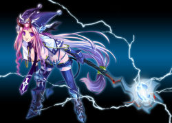 Rule 34 | 1girl, boots, breasts, electricity, female focus, fujimon, full body, gradient background, hat, horns, leaning forward, legs, original, pointy ears, purple eyes, solo, staff, thighhighs, tongue