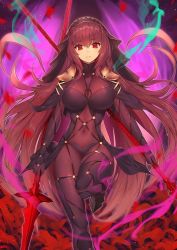 Rule 34 | 1girl, armor, bodysuit, breasts, capelet, circlet, covered navel, dual wielding, fate/grand order, fate (series), field, fire, flower, flower field, gae bolg (fate), gem, green fire, hip focus, holding, large breasts, leg lift, long hair, looking at viewer, pauldrons, petals, pink fire, polearm, purple bodysuit, purple hair, red eyes, sabaton, scathach (fate), shoulder armor, smile, solo, spear, thighs, veil, weapon, yaman