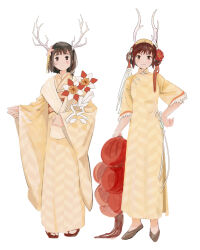 Rule 34 | 2girls, absurdres, antlers, axis powers hetalia, bangle, black hair, blush, bob cut, bracelet, brown hair, china (hetalia), china dress, chinese clothes, chinese new year, double bun, dragon girl, dress, flats, flower, full body, furisode, genderswap, genderswap (mtf), grey footwear, hair bun, hair flower, hair ornament, hairband, hand on own hip, highres, horn ornament, horns, japan (hetalia), japanese clothes, jewelry, kimono, lantern, long sleeves, multiple girls, new year, paper lantern, pinching sleeves, red flower, red footwear, sandals, shawl, short hair, side slit, simple background, sleeves past elbows, smile, standing, tassel, tassel hair ornament, tea (candyfoxx), toggles, updo, white background, wide sleeves, yellow dress, yellow kimono, zouri