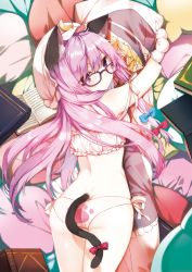 Rule 34 | 1girl, animal ears, ass, bad id, bad pixiv id, bare arms, bare shoulders, bespectacled, blue bow, blunt bangs, blush, book, bow, bra, butt crack, cat ears, cat tail, cowboy shot, crescent, dakimakura (object), eyebrows, frilled bra, frills, from above, from behind, glasses, hair bow, hat, hugging object, kemonomimi mode, kirisame marisa, long hair, looking at viewer, looking back, looking up, mob cap, open book, panties, patchouli knowledge, paw print, pillow, pillow hug, print panties, purple-framed eyewear, purple hair, red bow, shnva, side-tie panties, solo, strap slip, tail, tail bow, tail ornament, touhou, underwear, white bra, white hat, white panties