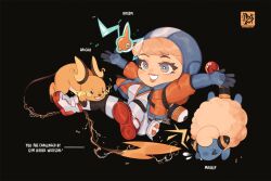 Rule 34 | 1girl, animification, apex legends, blonde hair, blue bodysuit, blue gloves, bodysuit, breasts, character name, chibi, creatures (company), crossover, electricity, english text, game freak, gen 1 pokemon, gen 2 pokemon, gen 4 pokemon, gloves, hood, hood up, hooded bodysuit, jacket, mareep, medium breasts, nica (robbeary), nintendo, open hands, orange jacket, parted lips, pokemon, pokemon (creature), raichu, ribbed bodysuit, rotom, rotom (normal), shoes, smile, sneakers, tail, white bodysuit, white footwear