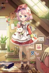 Rule 34 | 1girl, :d, apron, bad id, bad pixiv id, blue eyes, briefcase, dress, dust, flower pot, hair ribbon, highres, indoors, kneehighs, loafers, looking at viewer, open mouth, original, pink hair, plant, potted plant, ribbon, rubber duck, sad, shoes, short hair, shuf, smile, socks, solo, stuffed animal, stuffed rabbit, stuffed toy, sunlight, tears, white socks, window, windowsill