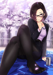 Rule 34 | 1girl, alcohol, beer, belt, black pantyhose, blazer, blush, brown eyes, brown hair, business suit, cherry blossoms, commentary request, crossed legs, eyes visible through hair, feet, formal, glasses, grin, hand on own chin, highres, jacket, kagematsuri, looking at viewer, mat, mole, mole under mouth, no shoes, office lady, open clothes, open jacket, original, outdoors, pantyhose, parted bangs, pencil skirt, purple shirt, shirt, short hair, sitting, skirt, smile, solo, suit, toes, tree