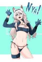 Rule 34 | 1girl, absurdres, alternate costume, alternate earwear, an-94 (girls&#039; frontline), animal ear fluff, animal ears, arms up, blonde hair, blue gloves, blush, breasts, cat ears, cropped legs, cyan eyes, defy (girls&#039; frontline), english text, girls&#039; frontline, gloves, gskittles, hairband, highres, long hair, long sleeves, looking at viewer, navel, nyan, open mouth, panties, paw pose, simple background, small breasts, solo, standing, teeth, underwear, upper teeth only